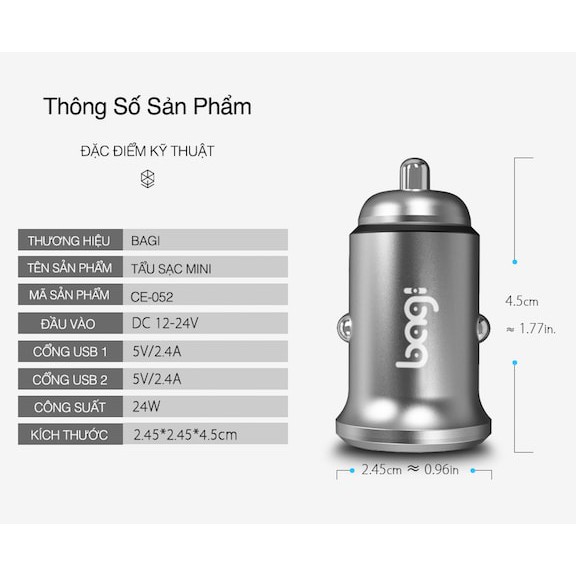 Tẩu sạc siêu nhỏ 2 cổng USB của Bagi
