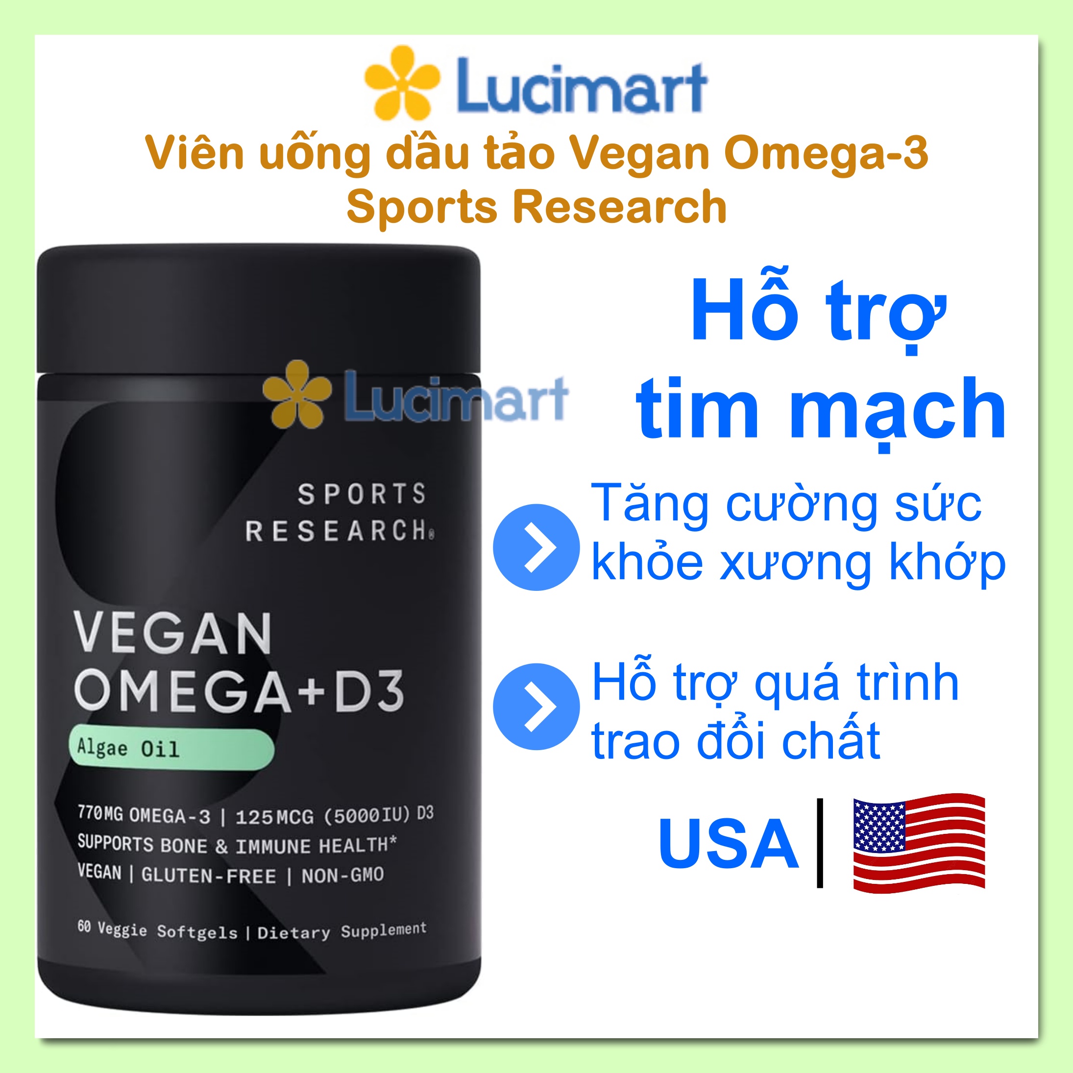 Viên uống dầu tảo Vegan Omega-3 thuần chay và Vitamin D3 Sports Research hũ 60 viên [Hàng Mỹ]