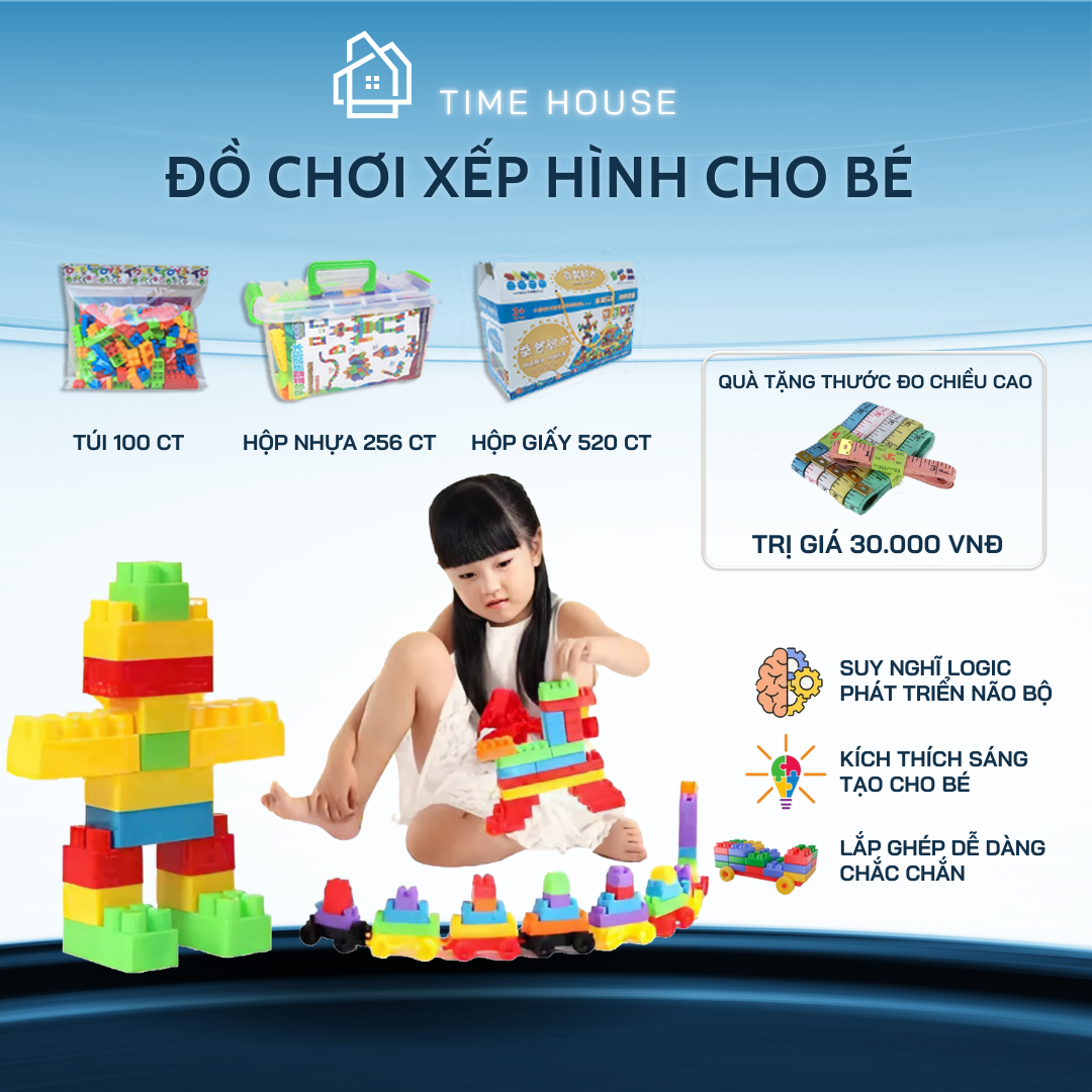 Đồ chơi trẻ em, Bộ đồ chơi xếp hình lắp ghép phát triển trí tuệ loại 100, 256, 520 chi tiết tùy chọn - Đồ chơi trí tuệ