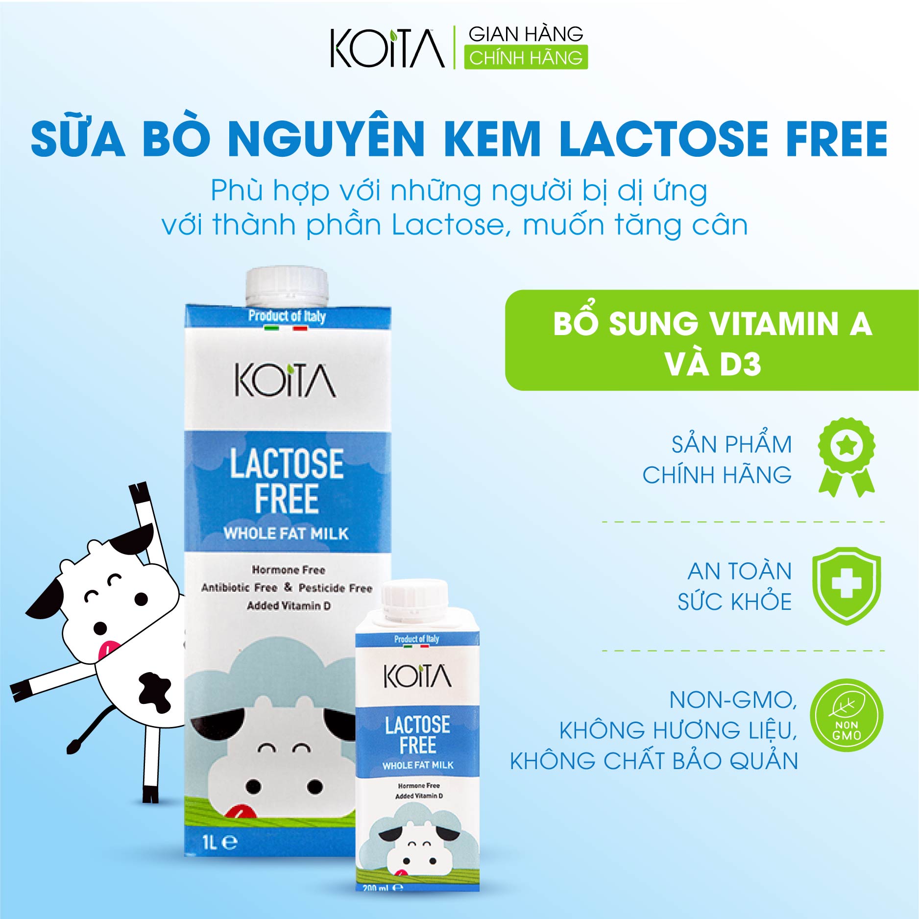 Sữa Bò Nguyên Kem Không Lactose KOITA Phù Hợp Cho Người Dị Ứng Lactose Hạn