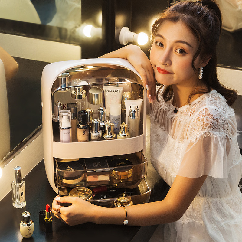 Kệ đựng mỹ phẩm 3 tầng 2 ngăn có kệ trên, nắp đậy và tay xách