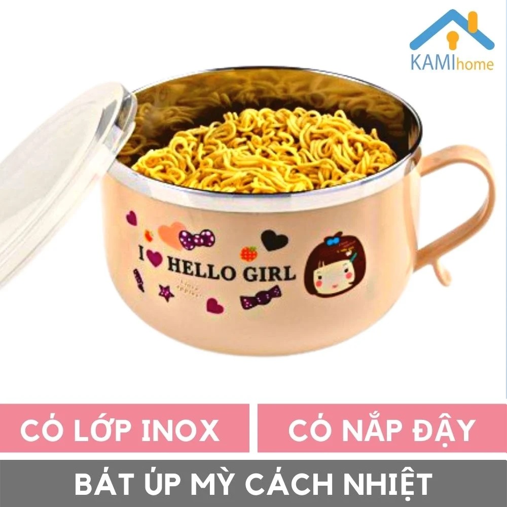 Bát ăn mỳ có nắp tô úp mì cách nhiệt chống nóng inox cao cấp Vỏ ngoài nhựa in hình dễ thương có quai cầm mã 20054