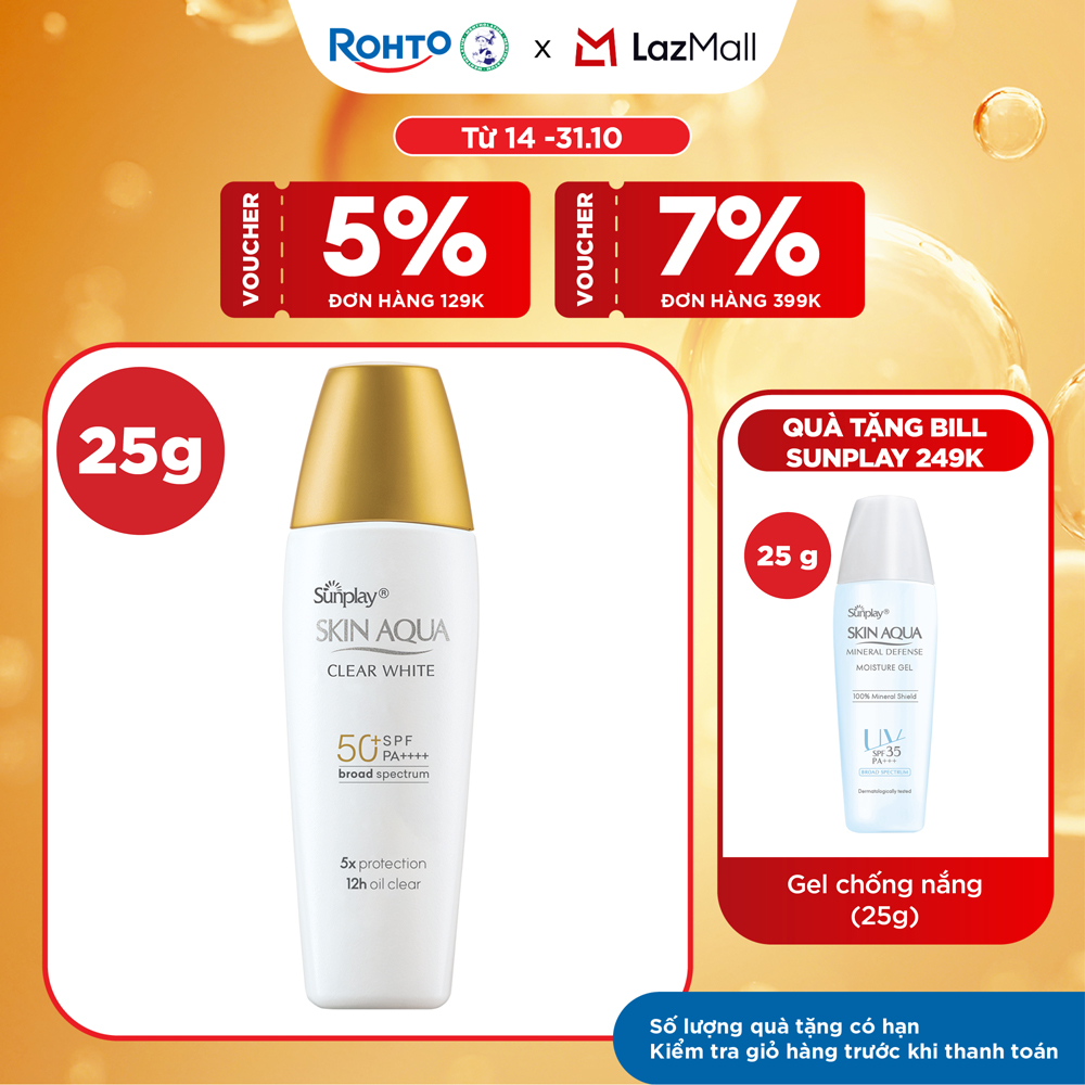 Kem chống nắng Skin Aqua dưỡng trắng, kiểm dầu, dùng hàng ngày dạng sữa Sunplay Skin Aqua Clear White Eco Việt Nam SPF50, PA++++ 25g