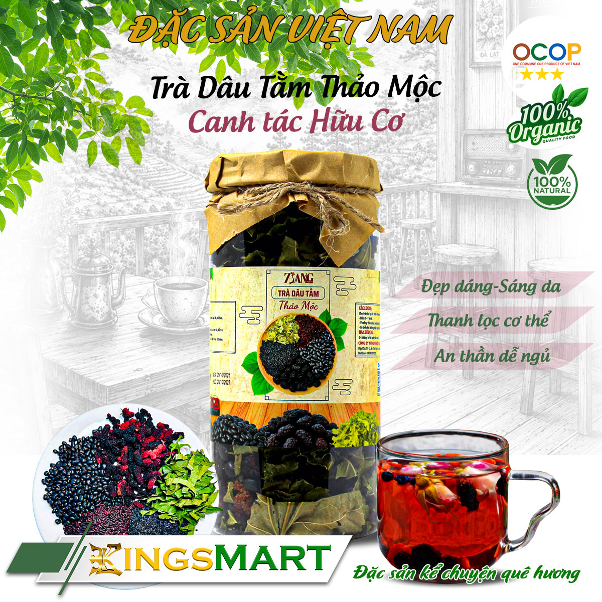 Trà dâu tằm thảo mộc canh tác thuận tự nhiên - Thương hiệu 7 SĂNG - Đặc sản Tây Ninh - Hũ nhựa 200g - Kingsmart