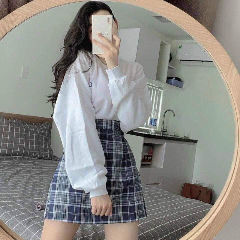 Sét áo cau bo tay trắng+ chân váy karo cá tính dáng xinh