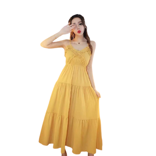 Đầm nữ xòe viền tầng không tay thắt nơ sau lưng thời trang mới đ66