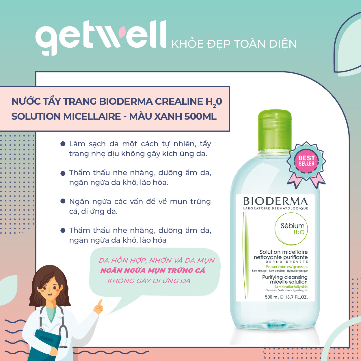 [HCM]XANH | Nước Tẩy Trang Bioderma Dành Cho Da Dầu & Hỗn Hợp 500ml Sébium H2O