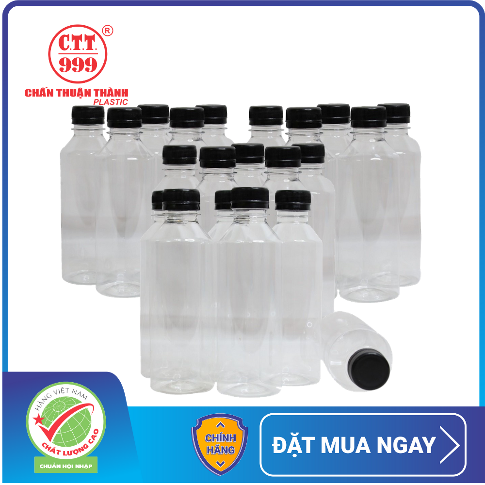 Combo 20 chai nhựa PET Chấn Thuận Thành 330ml đựng trà sữa, nước ép - chai tròn miệng nhỏ, kèm nắp PET3020T-T-20