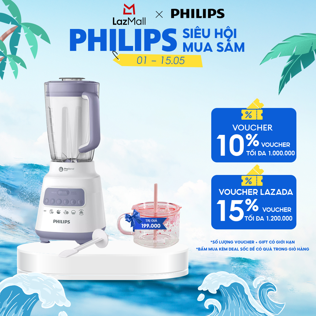 Máy Xay Sinh Tố Philips HR2222/00 (Trắng)|700W| - Cối Thủy Tinh 1.5L- Đi Kèm Cối Xay Gia Vị Nhỏ - 5 Tốc Độ Cài Đặt Sẵn - Nghiền Mịn Đá, Nhanh Gấp 2 Lần - Hàng Phân Phối Chính Hãng