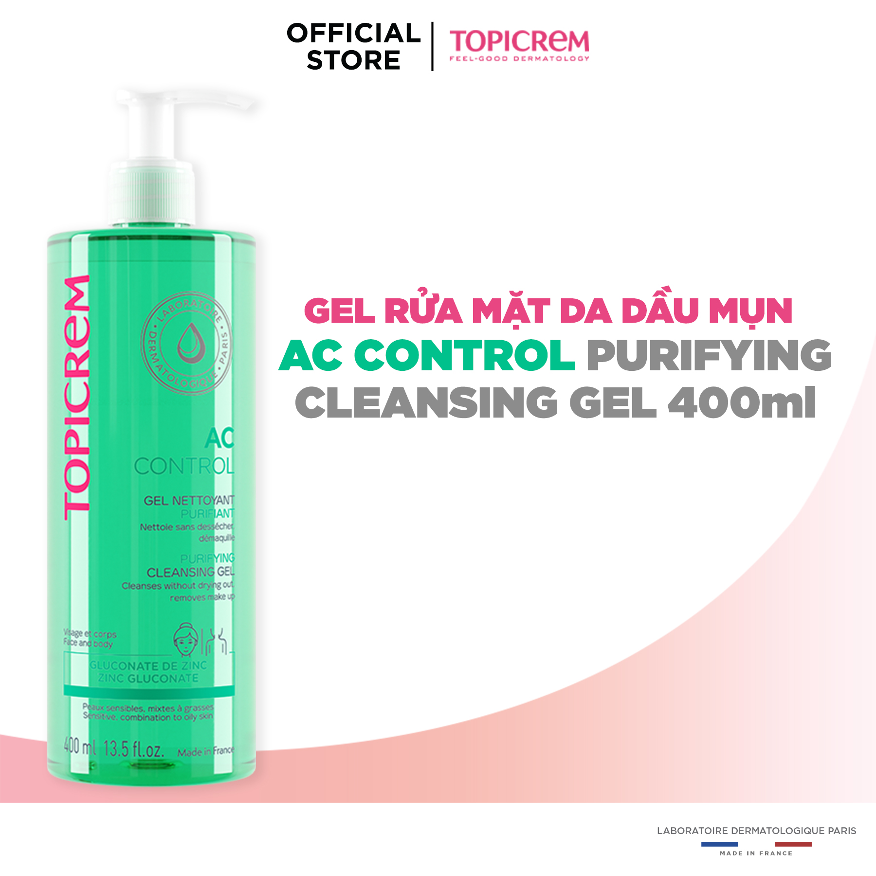 Gel rửa mặt không chứa xà phòng giúp làm sạch nhẹ nhàng và loại bỏ dầu nhờn - TOPICREM AC Purifying Cleansing Gel 400ml