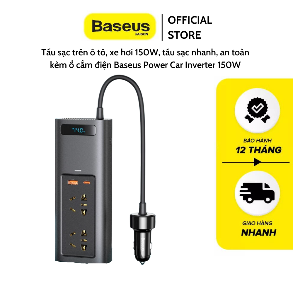 Tẩu sạc trên ô tô, xe hơi 150W, tẩu sạc nhanh, an toàn kèm ổ cắm điện Baseus Power Car Inverter 150W With 4Ports Output Support Type-C Fast Charging