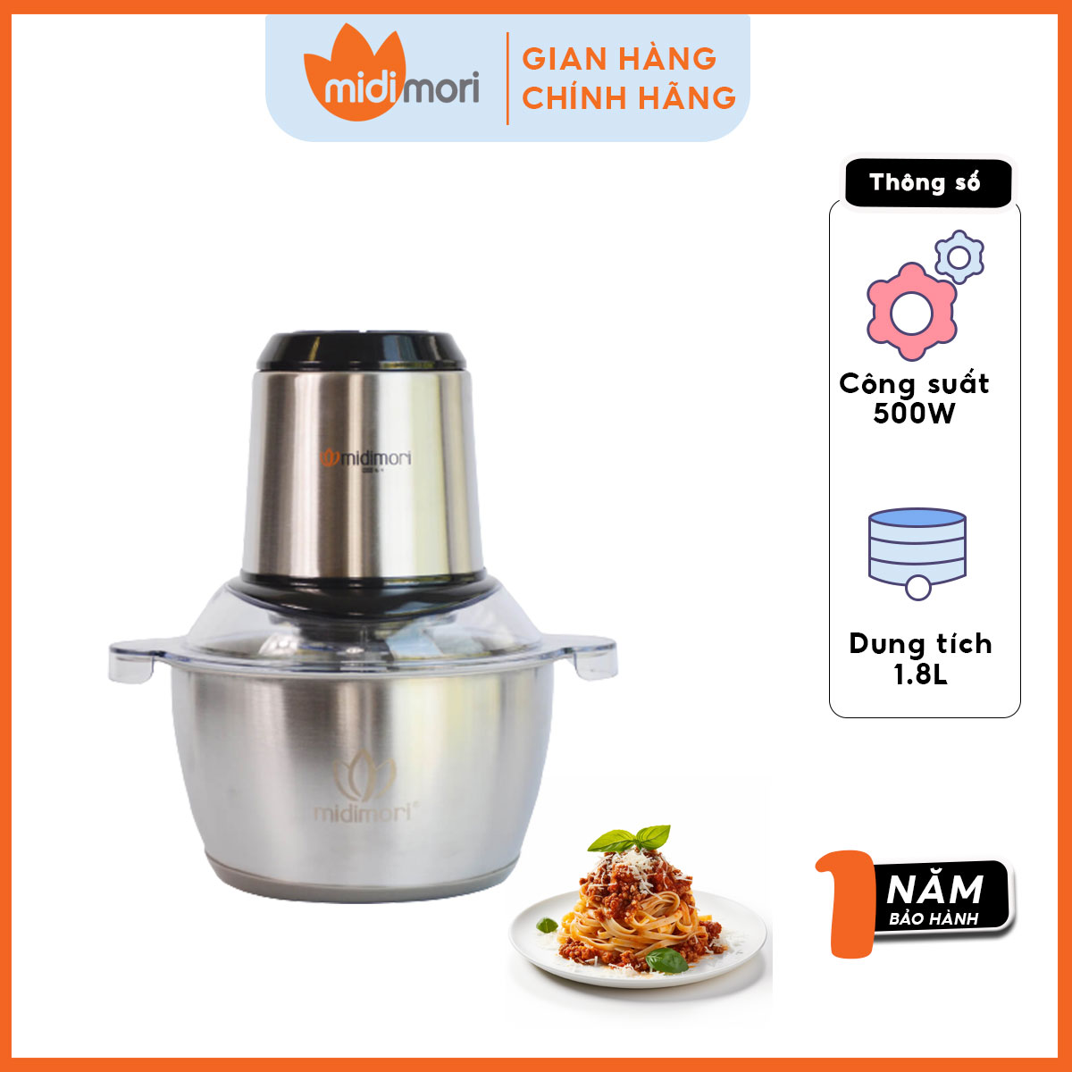 Máy xay thịt đa năng thân inox chopper midimori gc-24338 - đen - hàng chính hãng