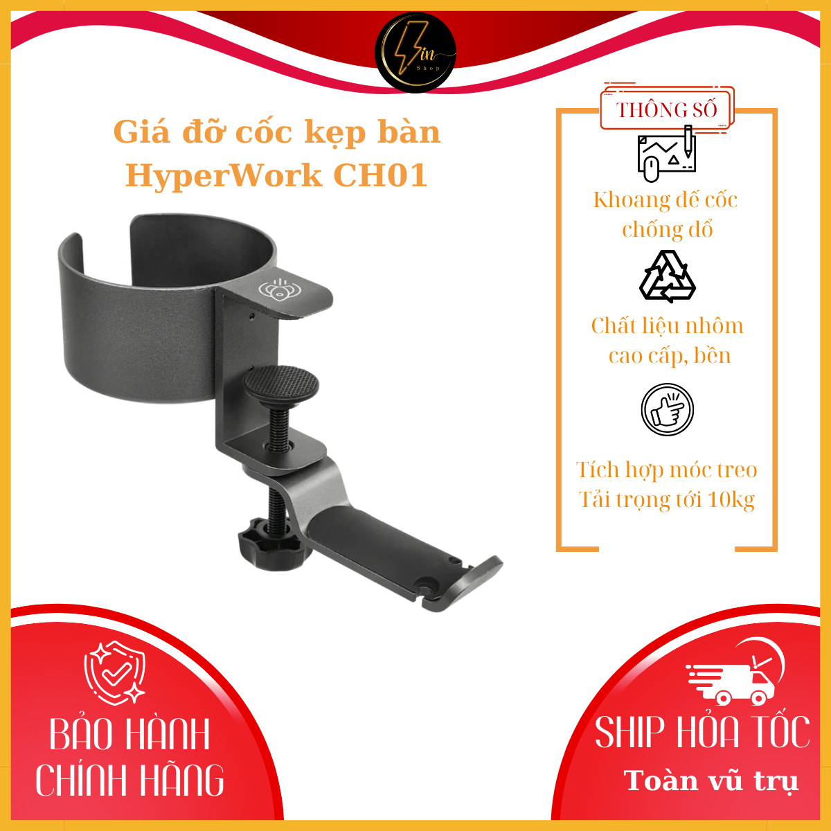 Giá đỡ cốc kẹp bàn chống đổ tích hợp móc treo đồ HyperWork CH01 thích hợp cho văn phòng