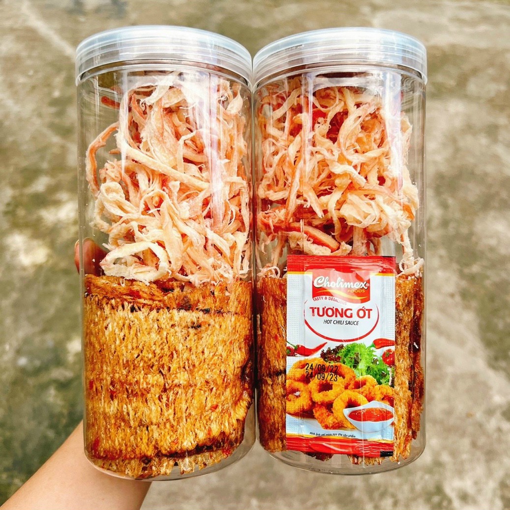 Khô mix ăn là nghiền, khô mực khô gà khô bò, lon pet 300gr ăn vặt