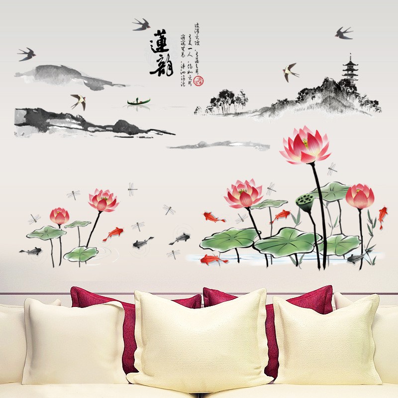 Decal dán tường 3D Hoa sen phong thủy - tranh dán tường giấy dán tường hoa sen phong thủy màu sắc tươi mới sang trọng