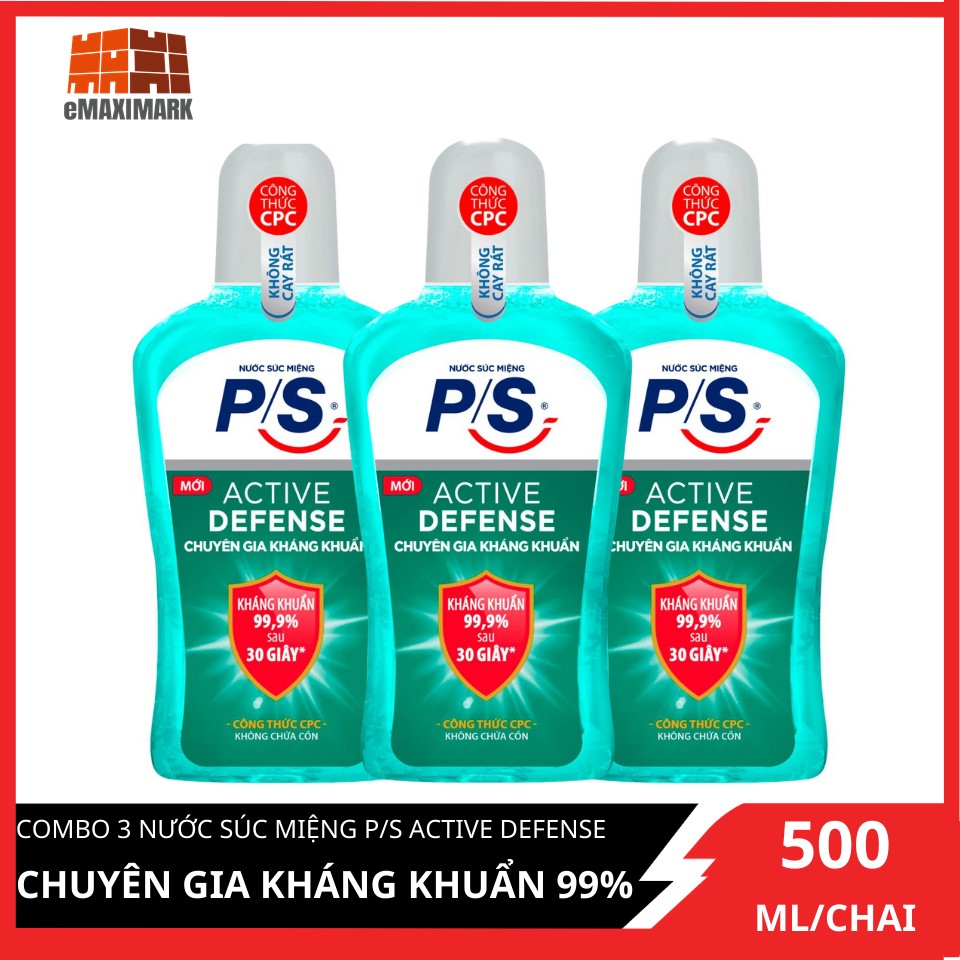 Combi 3 nước súc miệng p/s active defense chuyên gia kháng khuẩn 99,9% 500ml