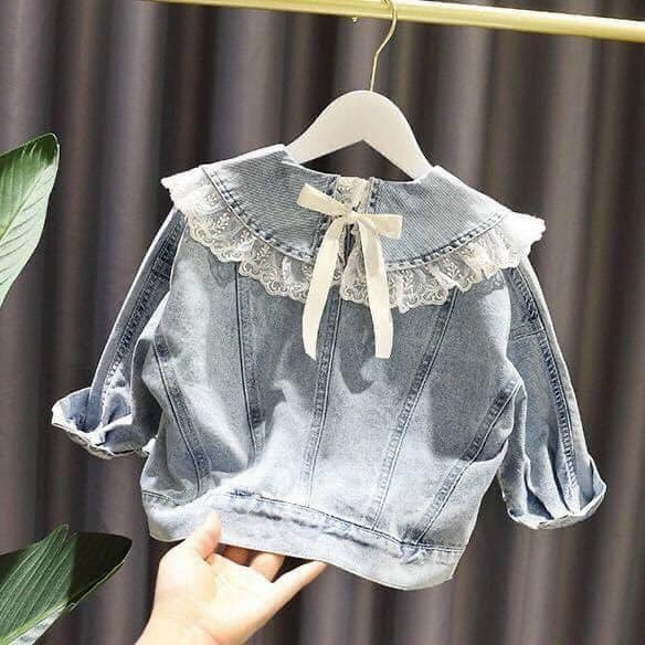 [HCM]Áo khoác Jean Bò cổ phối ren buộc nơ sau siêu xinh cho bé gái