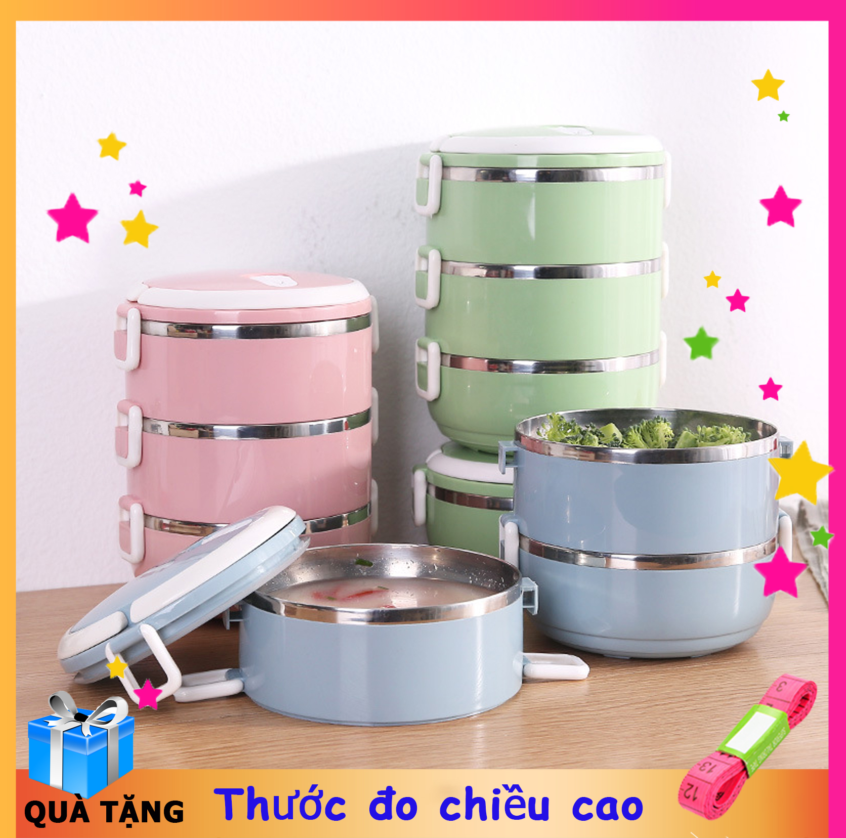 Cặp lồng giữ nhiệt 3 tầng, ruột inox cao cấp, hộp đựng cơm văn phòng