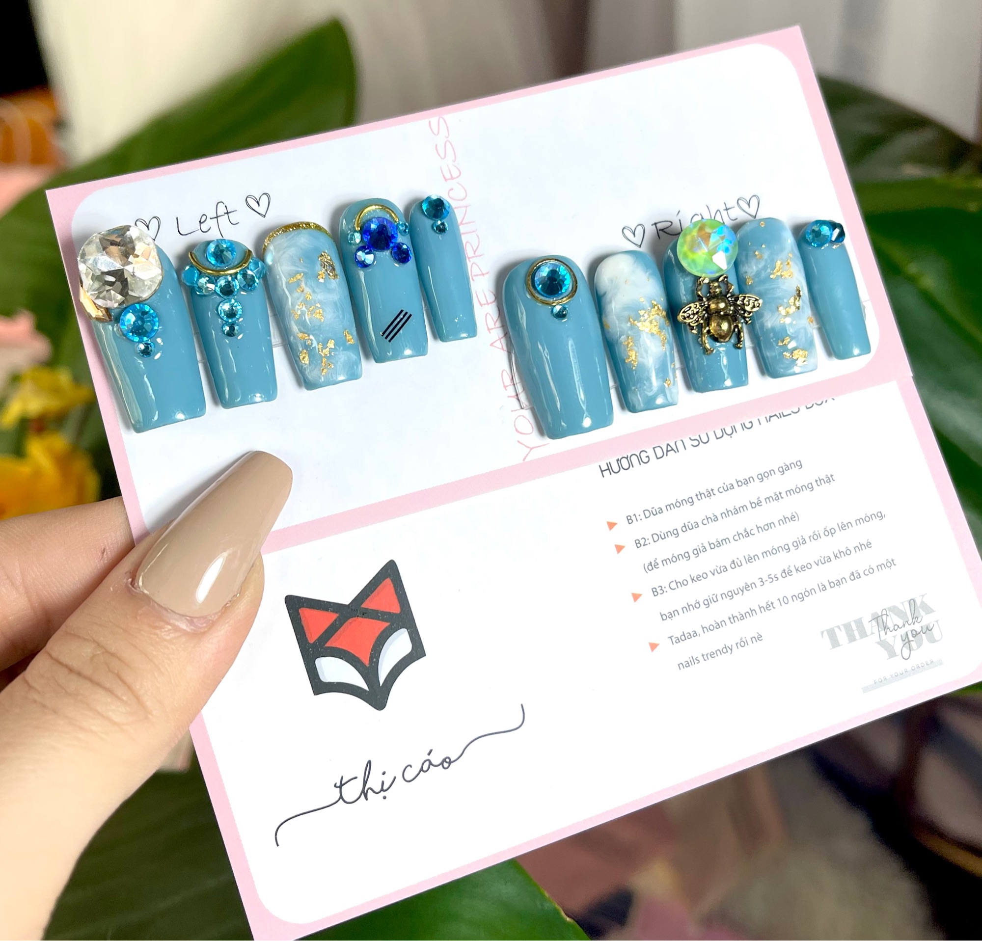 Móng úp thiết kế form vuông tone xanh ngọc
