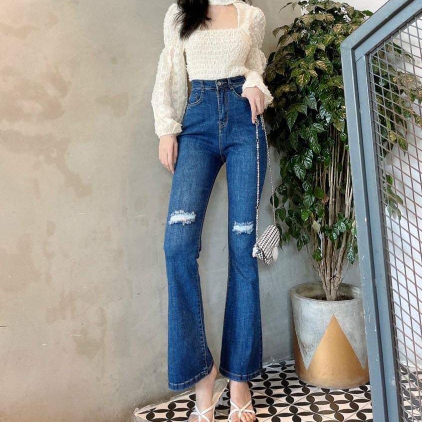 Quần jean nữ ống loe bass chất bò xanh đậm co dãn thoải mái,form quần dài 89cm rách tưa ống, lưng siêu cao, mẫu mới Pinky79shop jm04- Áo thun nữ