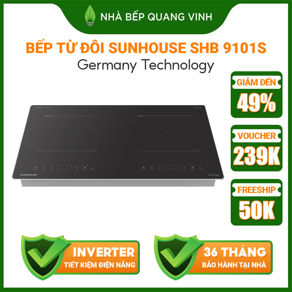 Bếp từ đôi Sunhouse SHB 9101S seri 6 -  Germany Technology,  inverter tiết kiệm điện bảo hành 3 năm tại nhà-QUANG VINH