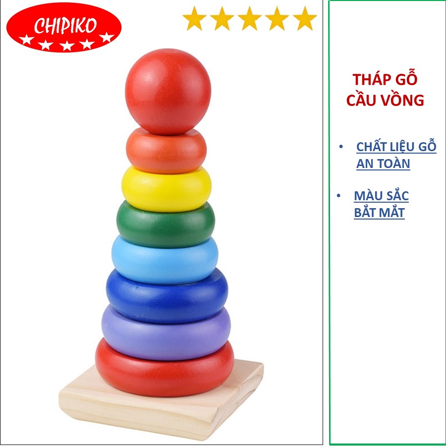 Đồ chơi tháp gỗ cầu vồng nhiều màu sắc cho bé - tháp cầu vồng mini - xếp tháp 7 màu