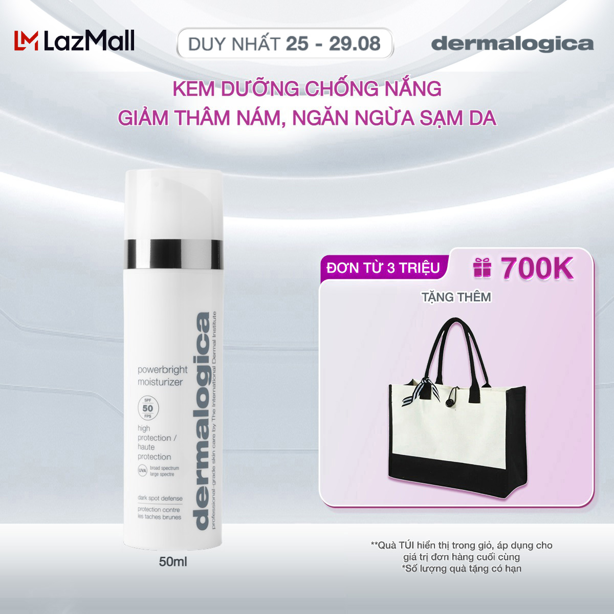 Mới! Kem chống nắng dermalogica powerbright moisturizer spf50 giảm thâm nám, ngăn ngừa sạm da 50ml