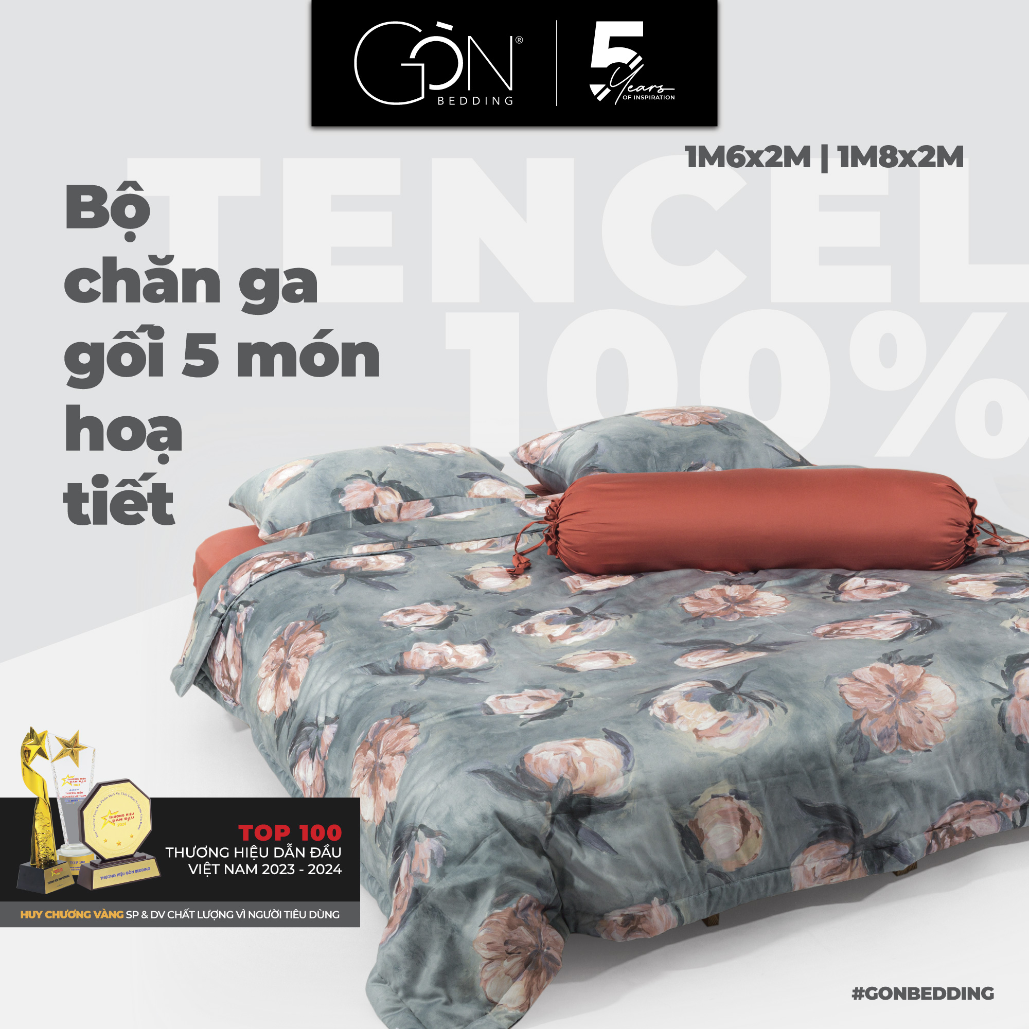 Bộ chăn ga gối 5 món gòn bedding lụa tencel 60s hoạ tiết 1m6x2m - 1m8x2m
