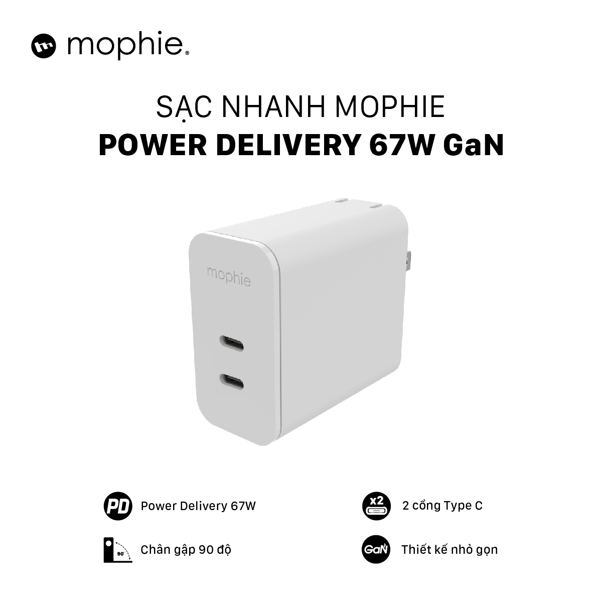 Sạc nhanh Mophie Power Delivery 45W /67W công nghệ GaN - Hàng chính hãng - Bảo hành 2 Năm