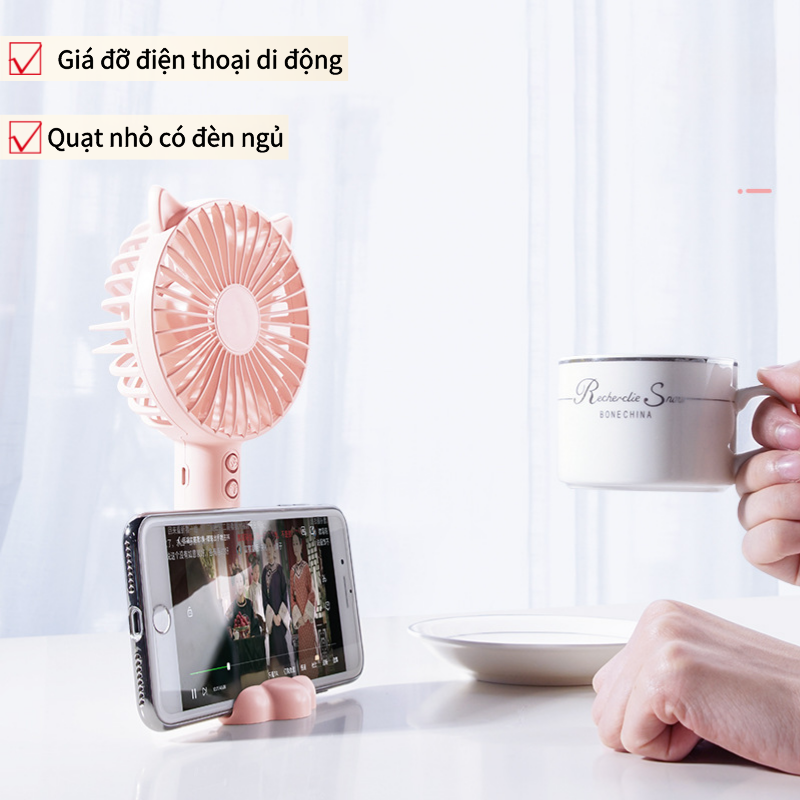 Quạt mini tích hợp đèn ngủ và giá đỡ điện thoại, Quạt nhỏ cầm tay đểbàn tiện dùng nhiều cấp độ gió