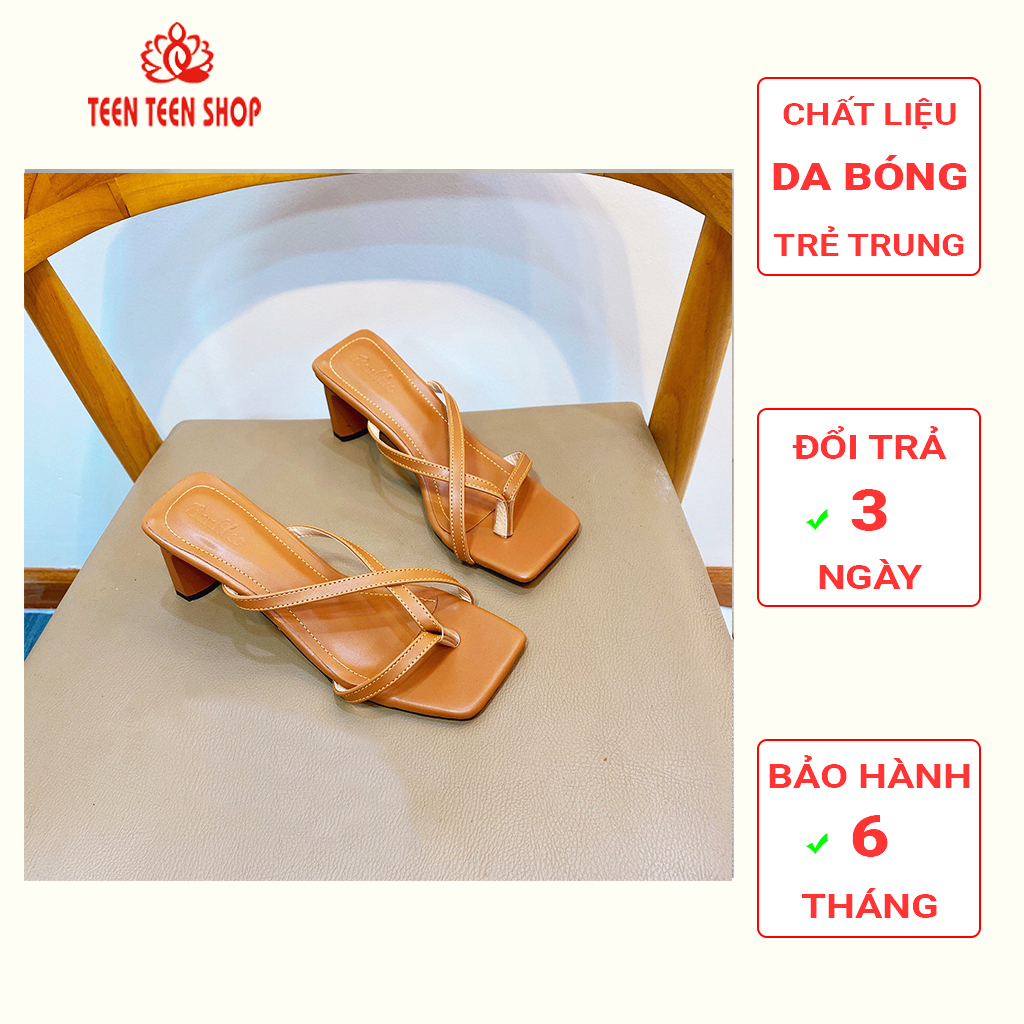 Sandal nữ cao gót 7 phân đế vuông quai chéo thời trang, Giày cao gót 7 phân hở mũi, Teen Teen Shop