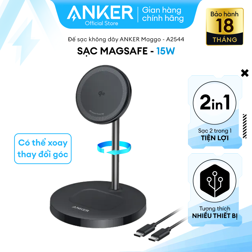 [Sạc i.P, A.W] Đế sạc không dây Anker từ tính 15W - A2544