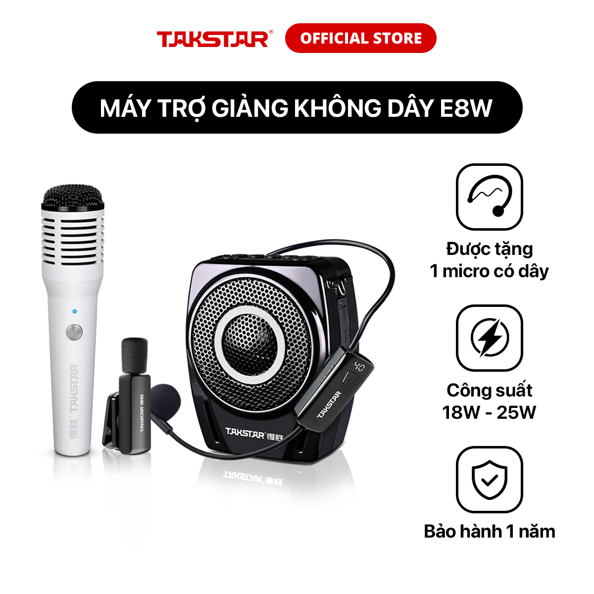 Máy Trợ Giảng Không Dây Takstar E8W Công Suất Lớn 18W-25W Trang Bị Mic Cầm Tay/Cài Đầu/Cài Áo, Chính Hãng Cao Cấp Bảo Hành 1 Năm