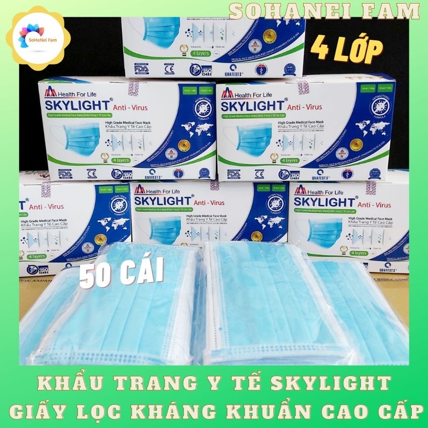 [HỘP 50 CÁI] Khẩu Trang Y Tế 4 Lớp Cao Cấp SKYLIGHT ANTI - VIRUS Giấy Lọc Kháng Khuẩn Bảo Vệ Sức Khỏe, Ngăn Chặn Khói Bụi, Khí Độc, Vi Khuẩn, Virus Vào Đường Hô Hấp- Loại Dày, Xịn, Mịn- Health For Life - SOHANEI FAM