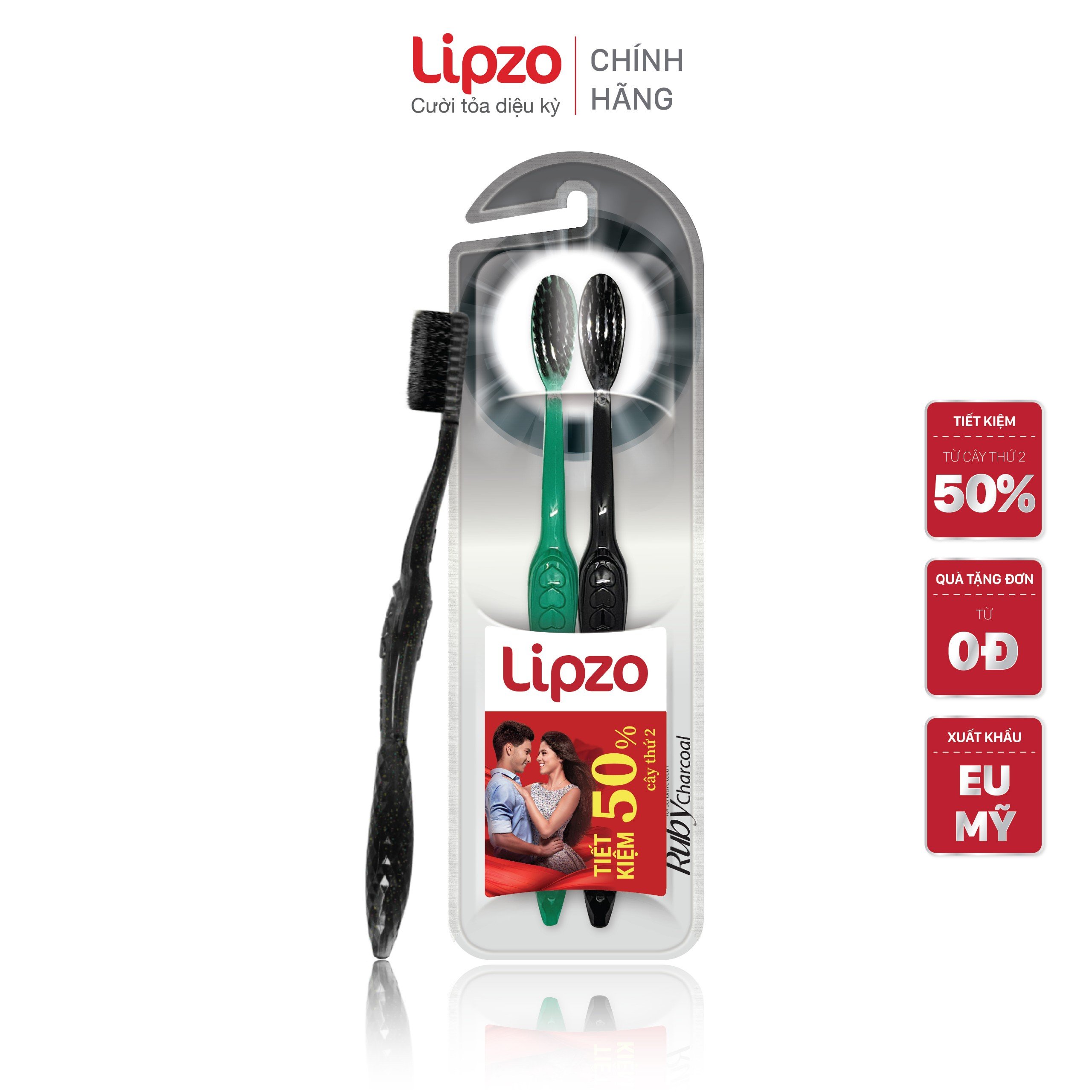 Bộ đôi bàn chải đánh răng lipzo ruby charcoal dành cho răng nhạy cảm công nghệ chỉ tơ than hoạt tính kháng khuẩn siêu mềm