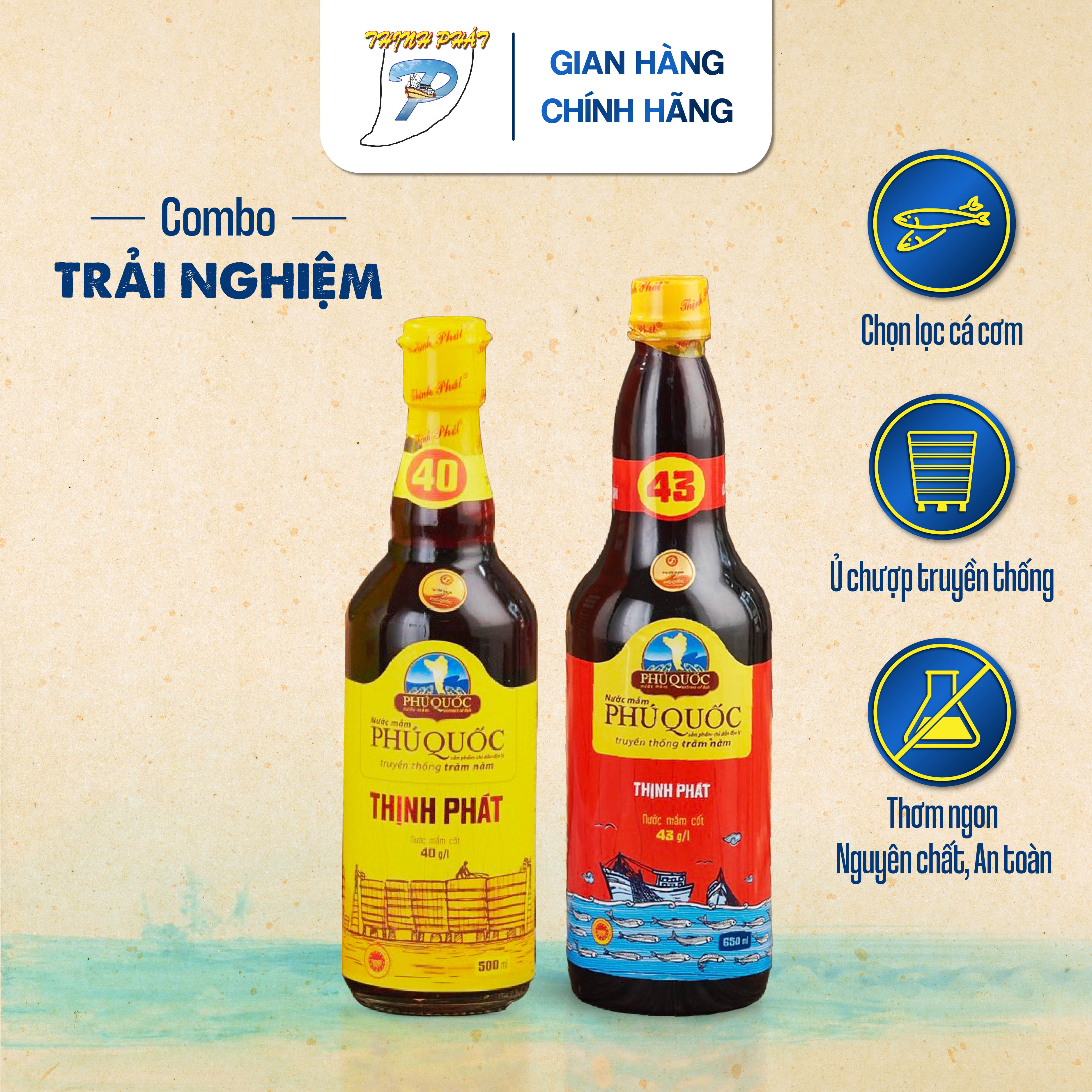 Combo trải nghiệm nước mắm truyền thống phú quốc thịnh phát- 1 chai 650ml 43 độ đạm- 1 chai 500ml 40 độ đạm