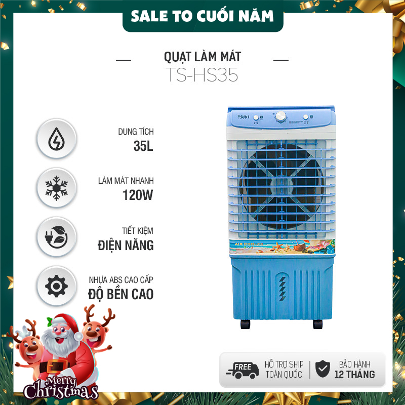 Quạt hơi nước, Quạt làm lạnh không khí, quạt hơi nước TSUKI - điều hòa không khí - Công suất 50W - Dung tích 12L đến 35L -Làm lạnh 4 chiều, tiện dụng - Tặng 2 đá khô- Hàng chính hãng bảo hành lên đến 12 tháng.