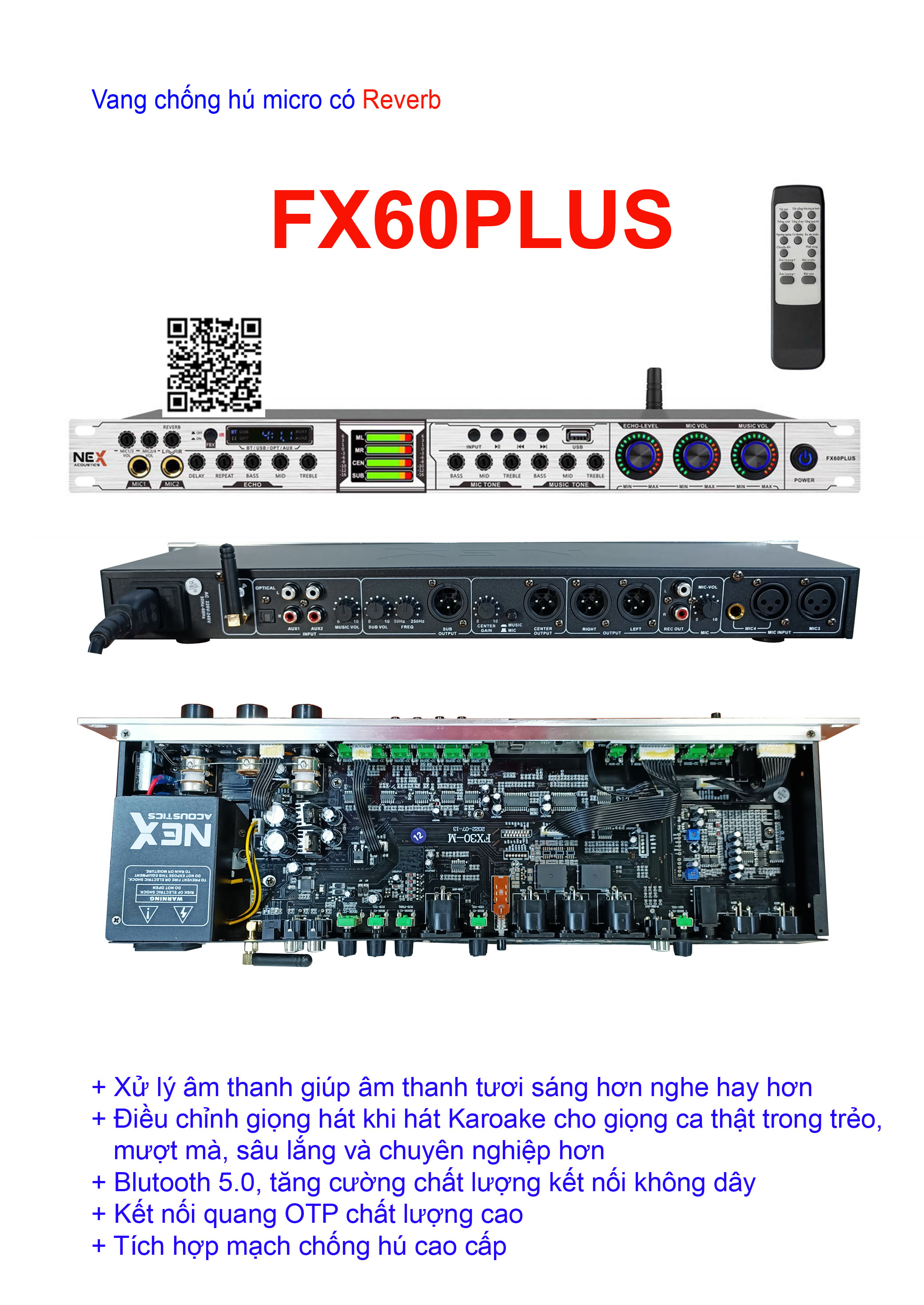 Vang cơ lai số chống hú micro Nex Fx60plus, vang số chỉnh cơ Nex Fx6plus, vang Karaoke chống hú,  có Điều khiển + Cổng quang + Bluetooth, EV-2000