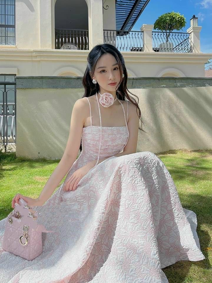 Đầm gấm tapta hoa kền dây cổ đính hoa đầm tiểu thư thanh lịch