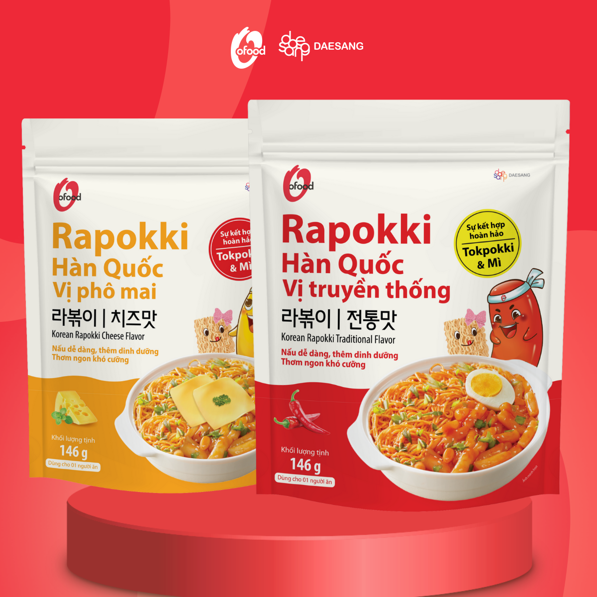 Rapokki Hàn Quốc O'food gói 146g, sự kết hợp của ramen và tokbokki 2 vị
