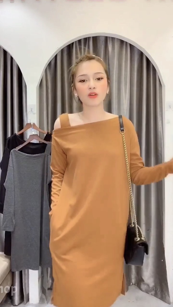 Váy Len Tăm - Đầm Len Tăm Trễ Vai Dáng Suông Hàng Đẹp