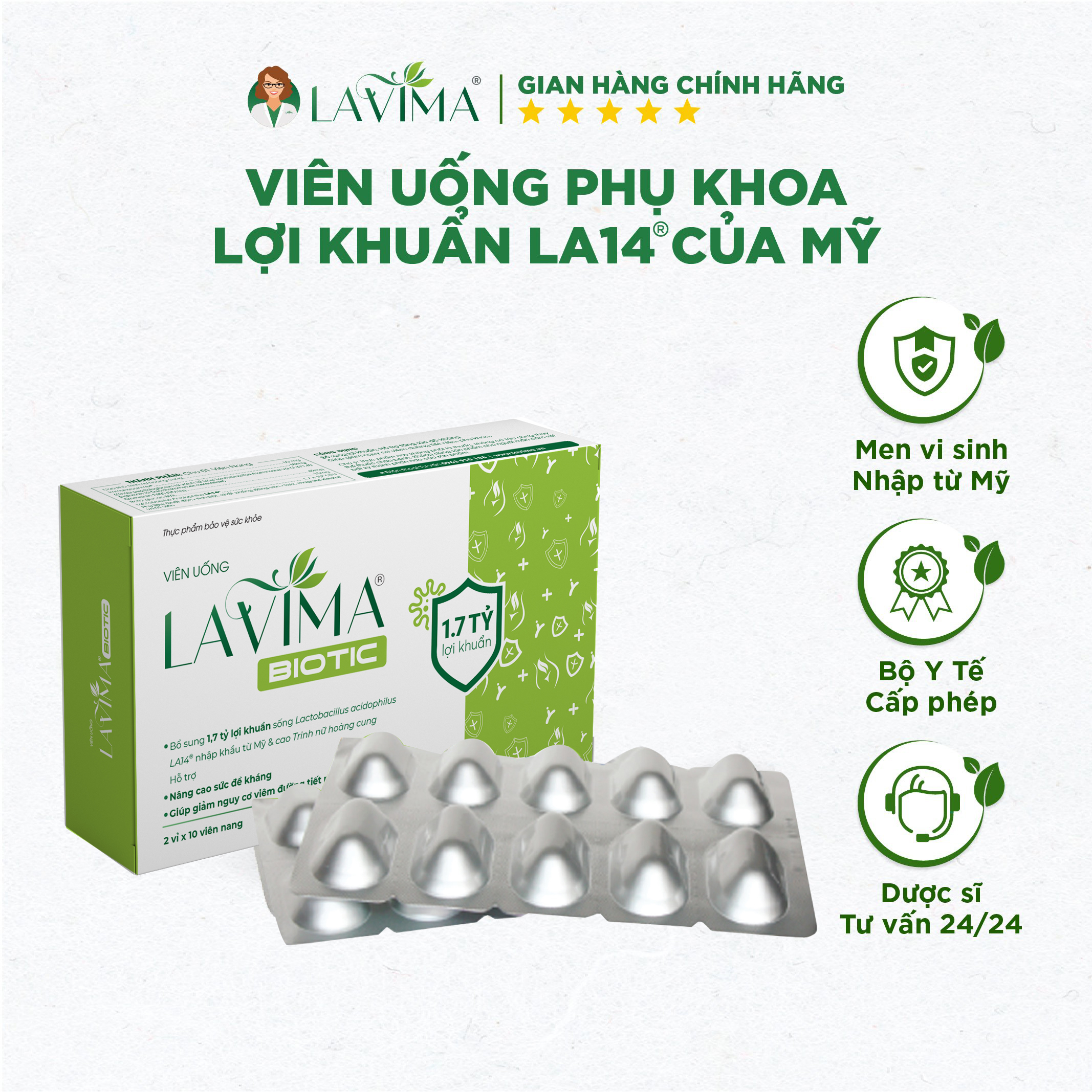 Viên uống phụ khoa, men vi sinh vùng kín lavima biotic 20 viên