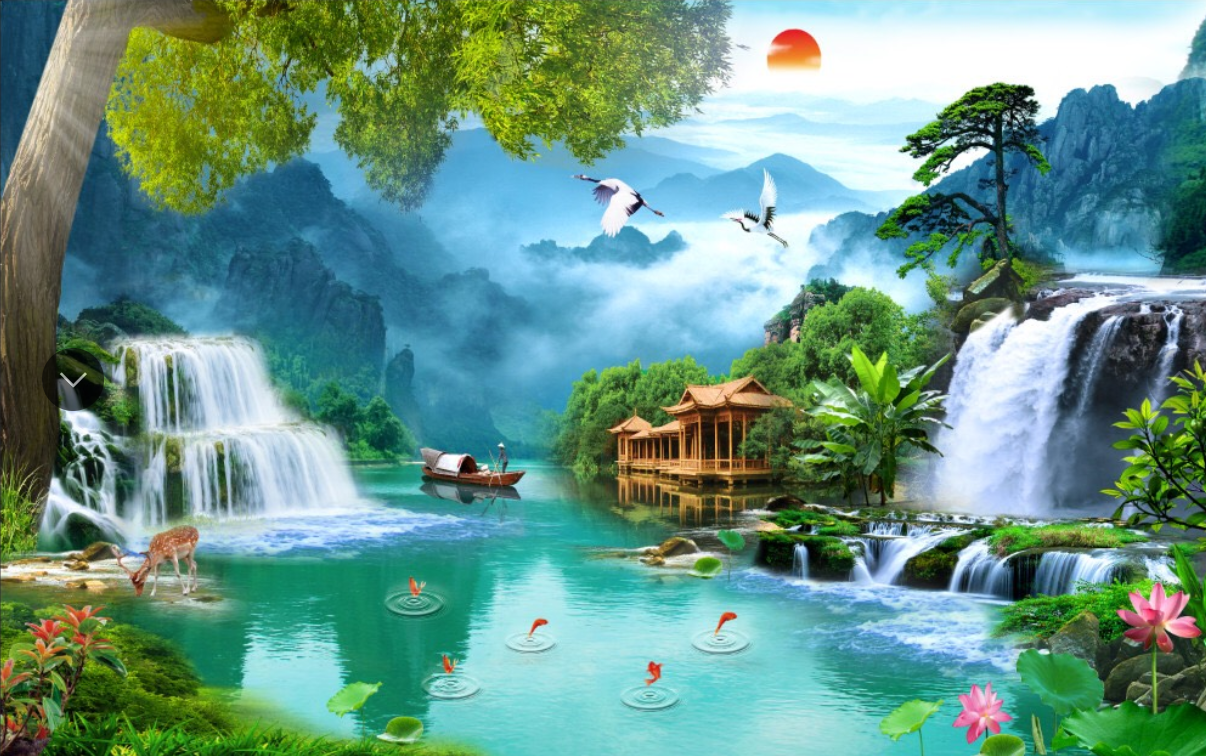 Tranh dán tường phòng khách sơn thủy hữu tình