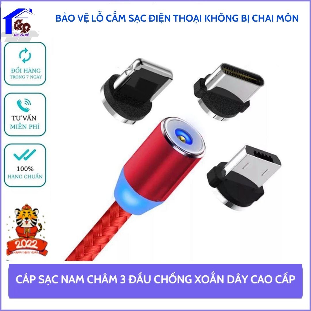 Cáp sạc nam châm 3 đầu phát sáng, xoay 360 độ chống xoắn cáp sạc, lực hút từ tính cao, dành cho iphone, micro usb, type c