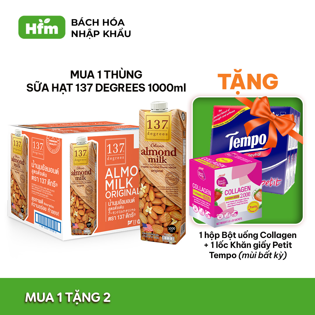 [MUA 1 THÙNG TẶNG 1 LỐC PETIT + 1 HỘP BỘT COLLAGEN] Thùng 12 hộp Sữa hạt Hạnh Nhân Nguyên Chất 137 DEGREES 1000ml, thành phần 99% từ hạt tươi