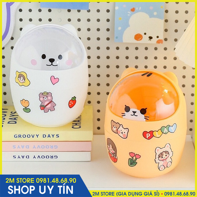 (TẶNG KÈM STICKER) Thùng Rác Mini Hình Gấu Có Nắp Kiêm Hộp Đựng Bút Và Đồ Cá Nhân Để Bàn