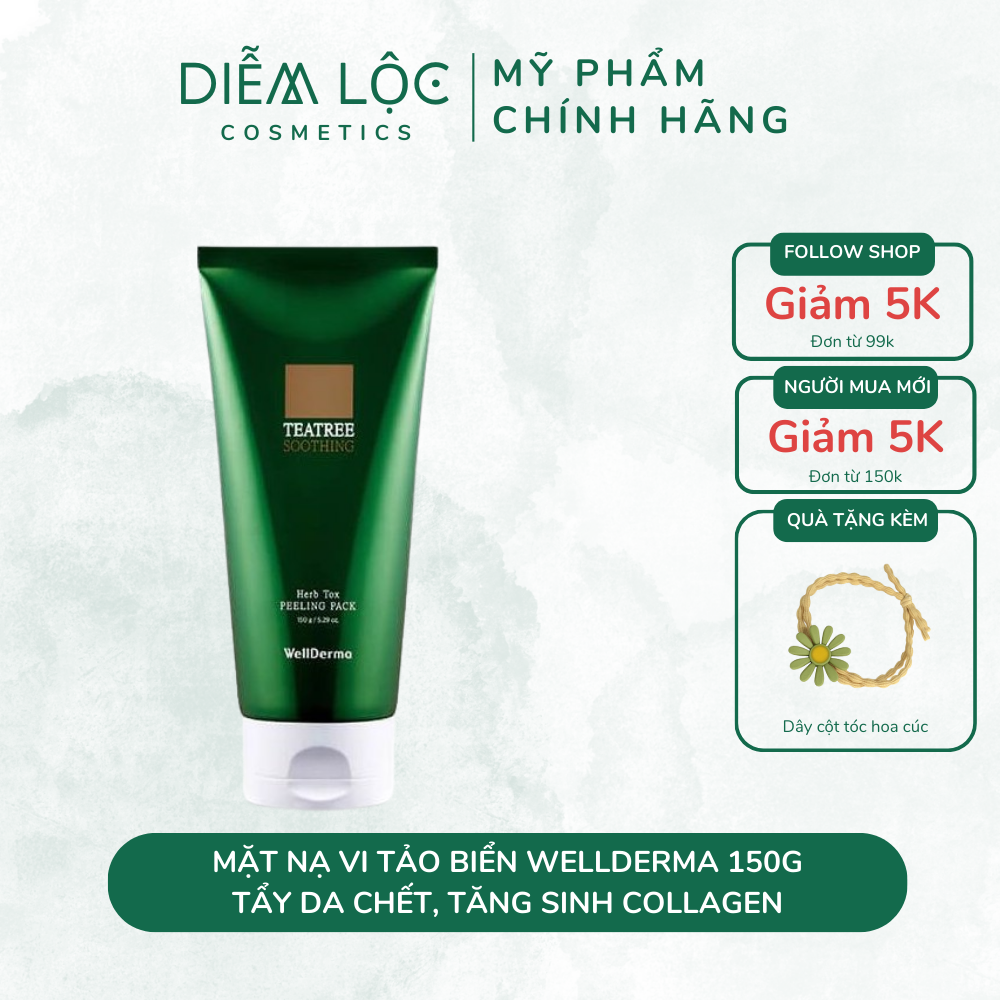 Mặt nạ vi tảo biển Wellderma Teatree Soothing Herb Tox Peeling Pack Hàn Quốc 150g giúp tẩy da chết, tăng sinh collagen