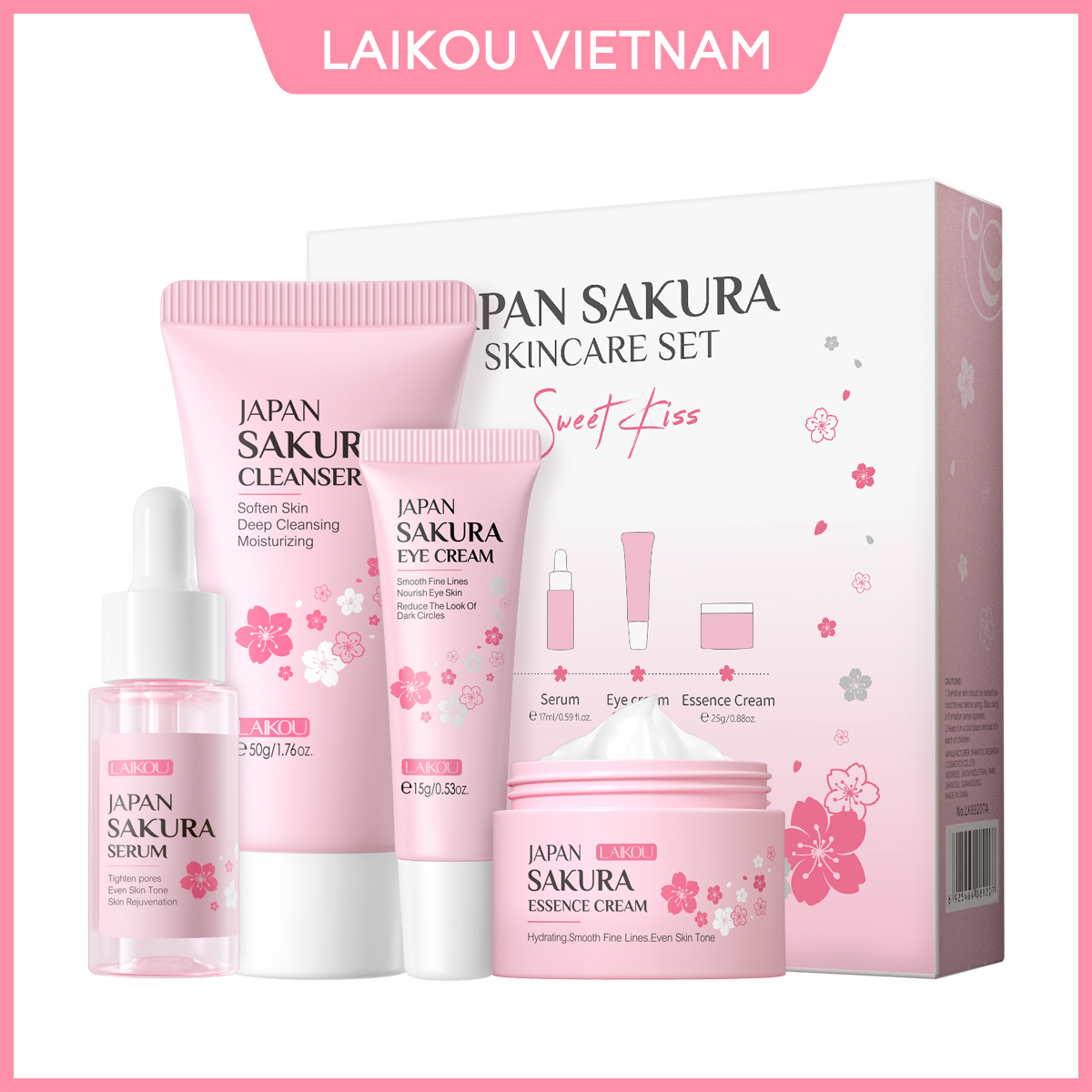 LAIKOU Sakura 4pcs/Set Skin Rejuvenating Serum Lighten Blemishes Moisturizer Fade Dark Circle Eye Cream