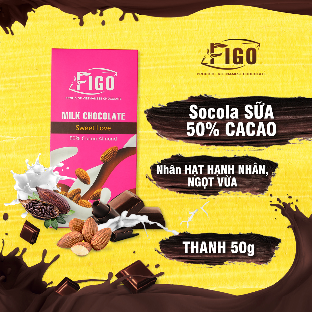 [SIÊU NGON] Kẹo socola sữa thỏi 50g nhân Hạt hạnh nhân FIGO, FIFOOD STORE,  đồ ăn vặt văn phòng nội địa siêu ngon