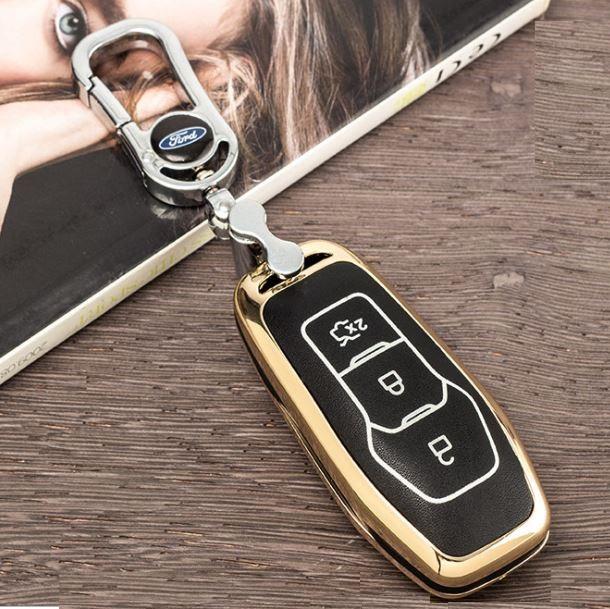 Combo móc chìa khóa và bao chìa khóa (Ford) chống va đập và phát sáng ban đêm dùng cho xe ô tô dòng Ford Fiesta,  Ford EcoSport,Ford Focus- Màu Vàng